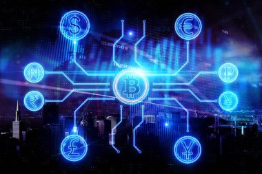 Yaratıcı parlayan bitcoin arka plan. Cryptocurrency ve e-iş kavramı. 3D render 