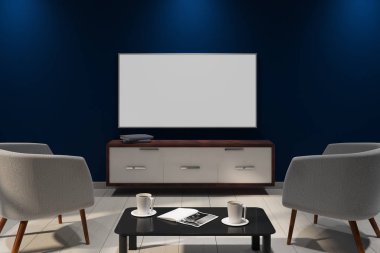 Boş beyaz Tv ve mobilya yeni karanlık iç. Alay etmek yukarıya, 3d render 