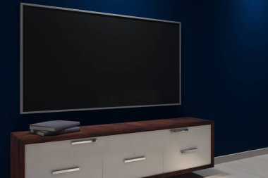 Boş Tv ve mobilya modern karanlık iç. Alay etmek yukarıya, 3d render 