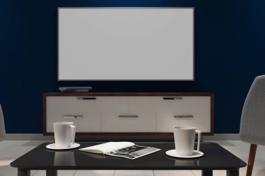 Boş beyaz Tv ve Mobilya çağdaş karanlık iç. Alay etmek yukarıya, 3d render 