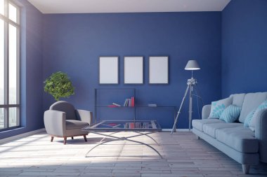 Modern mavi salon iç güneş ışığı ile boş poster, mobilya ve şehir manzaralı. Alay etmek yukarıya, 3d render 