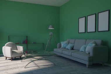Modern yeşil salon iç boş afiş, mobilya ve güneş ışığı ile. Alay etmek yukarıya, 3d render 