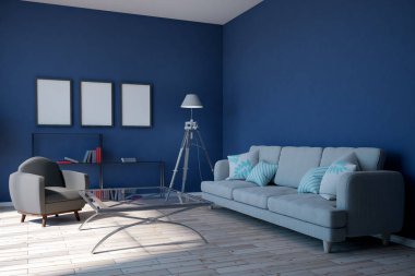 Modern mavi salon iç boş afiş, mobilya ve güneş ışığı ile. Alay etmek yukarıya, 3d render 