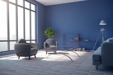 Şık mavi salon iç, mobilya ve şehir güneş ışığı ile görüntüleyin. 3D render 
