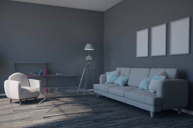 Modern gri oturma odası iç boş poster, mobilya ve güneş ışığı ile. Alay etmek yukarıya, 3d render 