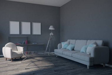 Çağdaş gri oturma odası iç boş poster, mobilya ve güneş ışığı ile. Alay etmek yukarıya, 3d render 