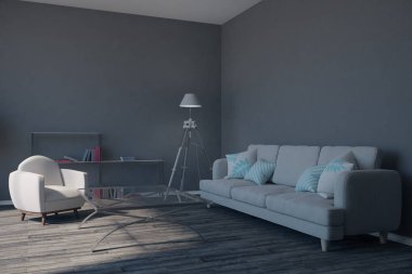 Modern gri oturma odası iç mobilya ve güneş ışığı ile. 3D render 