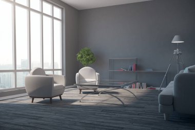 Temiz gri oturma odası iç, mobilya ve şehir güneş ışığı ile görüntüleyin. 3D render 