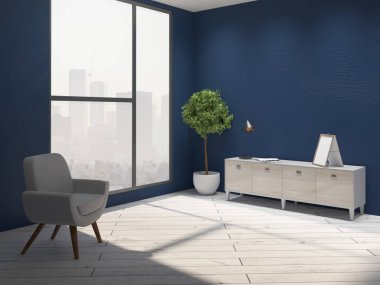Boş resim çerçevesi, mobilya ve şehir manzaralı açık oturma odası iç. 3D render 