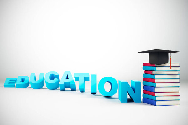 Творческое образование с лестницей, выпускной шапкой и книгами. Концепция знаний и продвижения. 3D рендеринг
 