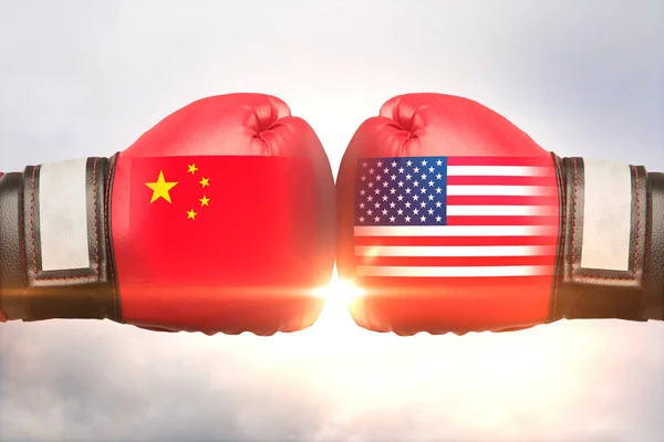 Red Boxing Gloves Country Flags Each Other Cloudy Sky Background — Stock Photo, Image