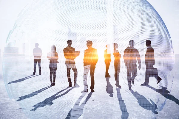 Teamwork Vergadering Global Businessconcept Ondernemers Menigte Silhouetten Lichte Stad Office — Stockfoto