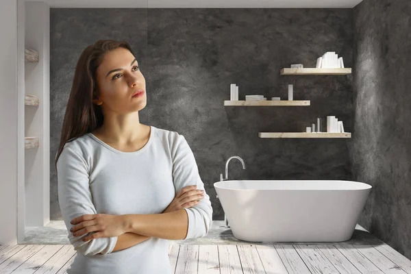 Portrait Attractive Young European Female Standing Concrete Bathroom Interior Home — Stock Photo, Image