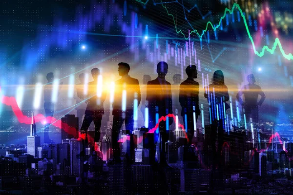 Businesspeople Silhouettes Glowing Forex Chart Blurry City Background Teamwork Finance — Stock Photo, Image