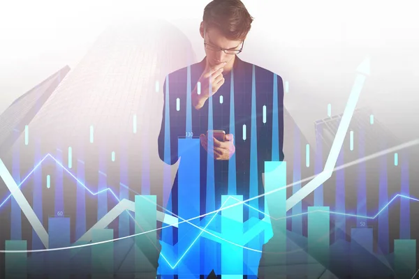 Finanční Obchodní Koncept Podnikatel Forex Graf Stojící Pozadí Abstraktní Města — Stock fotografie
