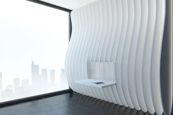 Moderna Sala Exposición Blanca Con Instalación Vistas Ciudad Concepto Museo — Foto de Stock