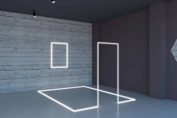 Dřevěný Pokoj Abstraktní Neonová Instalaci Koncepce Výstavy Rendeirng — Stock fotografie