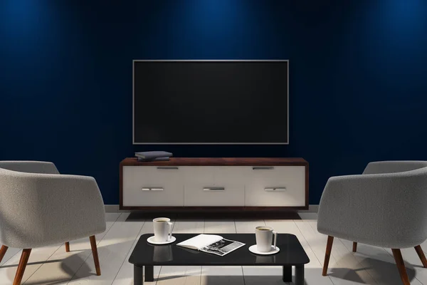 Zeitgenössisches Dunkles Interieur Mit Leerem Fernseher Und Möbeln Mock Darstellung — Stockfoto