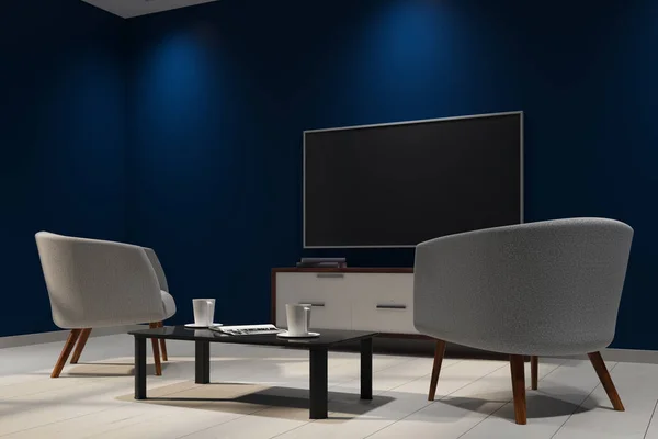 Clean dark interior with empty  TV and furniture. Mock up, 3D Rendering