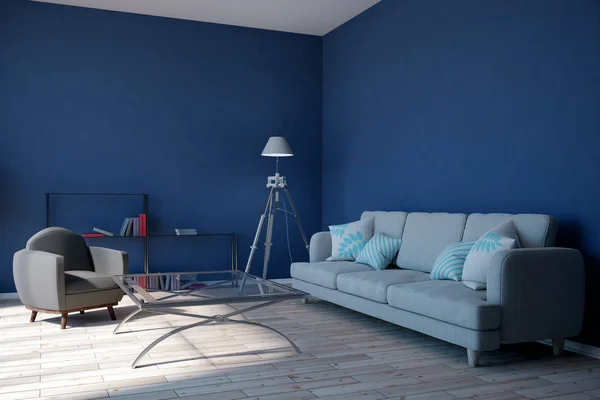 Moderno Interior Sala Estar Azul Com Móveis Luz Solar Renderização — Fotografia de Stock