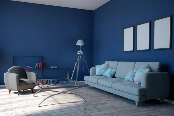 Modern blue living room interior with empty poster, furniture and sunlight. Mock up, 3D Rendering