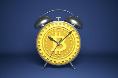 Soyut altın çalar saat vites bitcoin arama ile. Para, cryptocurrency ve zaman kavramı. 3D render 