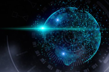 Koyu arka plan üzerinde parlayan küre hologram. Küresel iş ve ticaret kavramı. 3D render 