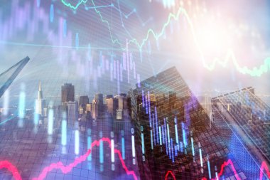 Parlayan forex grafik şehir arka plan üzerinde. Ticaret ve yatırım kavramı. Çift Pozlama 