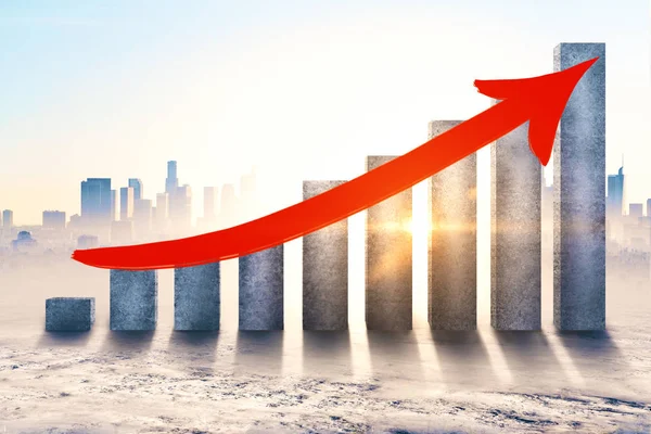 Concrete Chart Bars Upward Red Arrow City Background Sunlight Financial — Stock Photo, Image