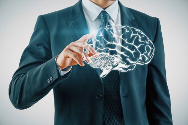 insan beyninin çizim ve insan eli çift maruz kalma. Beyin fırtınası konsepti.