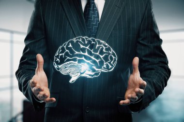 insan beyninin çizim ve insan eli çift maruz kalma. Beyin fırtınası konsepti.