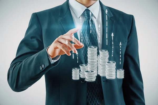 Double exposure with growth coins columns and man hand. Concept of success savings and capital. — Stock Photo, Image