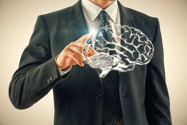 insan beyninin çizim ve insan eli çift maruz kalma. Beyin fırtınası konsepti.