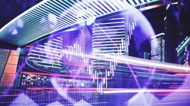 Gece arka planda şehir manzarası üzerinde ticaret grafiği. İş ve finansal kavram. Çifte pozlama. Shanghai