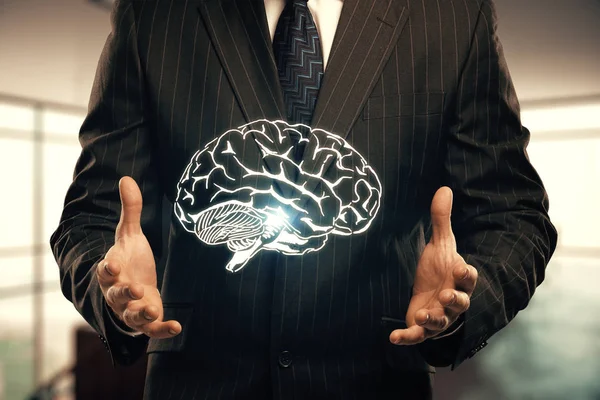 Doble exposición del dibujo del cerebro humano y la mano del hombre. Concepto de lluvia de ideas . — Foto de Stock