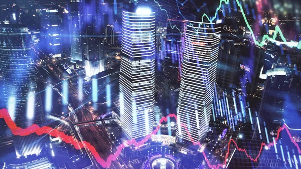 Γράφημα συναλλαγών στο αστικό τοπίο στο νυχτερινό φόντο. Επιχειρηματική και οικονομική έννοια. Διπλή έκθεση. Σαγκάη — Φωτογραφία Αρχείου