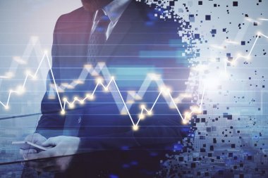 Cep telefonu ve borsa çizelgeleri kullanarak işadamı çift pozlama. Finansal kavram.