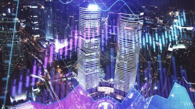 Gece arka planda şehir manzarası üzerinde ticaret grafiği. İş ve finansal kavram. Çifte pozlama. Shanghai