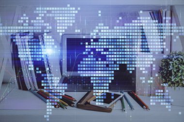 Çalışma alanı arka plan ile Dünya haritası poligonal çift pozlama. Küreselleşme kavramı.