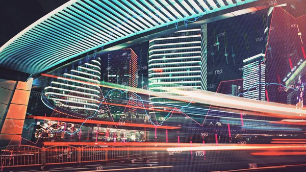 Gráfico de negociação na paisagem urbana no fundo da noite. Conceito de negócio e financeiro. Dupla exposição. Xangai — Fotografia de Stock
