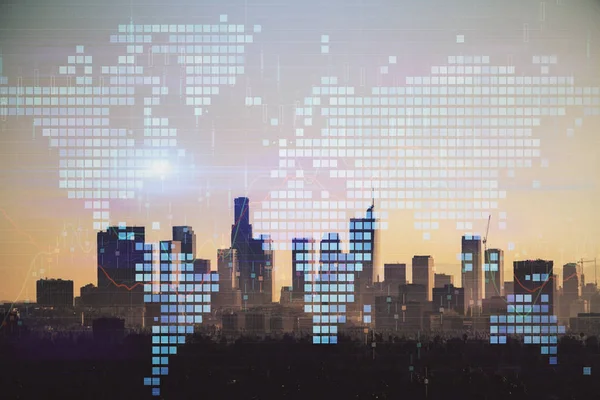 Doppelbelichtung der Weltkarte polygonal mit Stadthintergrund. Globalisierungskonzept. los angeles — Stockfoto