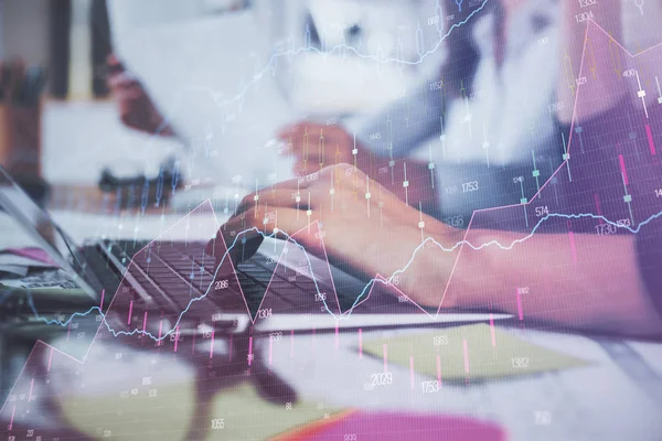 Hands typing on laptop. Business and Financial concept. Double exposure of stock market charts. — Stock Photo, Image