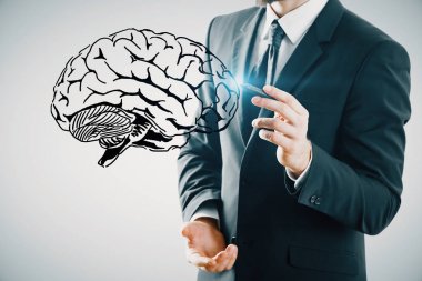 insan beyninin çizim ve insan eli çift maruz kalma. Beyin fırtınası konsepti.