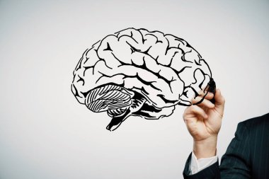 insan beyninin çizim ve insan eli çift maruz kalma. Beyin fırtınası konsepti.