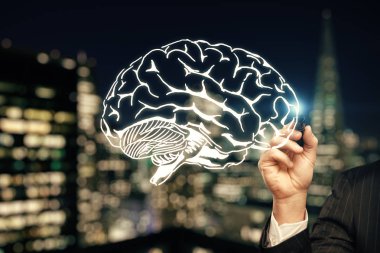 insan beyninin çizim ve insan eli çift maruz kalma. Beyin fırtınası konsepti.