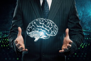 insan beyninin çizim ve insan eli çift maruz kalma. Beyin fırtınası konsepti.