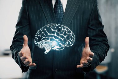 insan beyninin çizim ve insan eli çift maruz kalma. Beyin fırtınası konsepti.