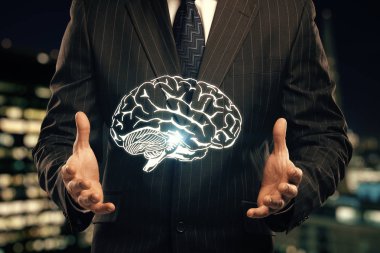 insan beyninin çizim ve insan eli çift maruz kalma. Beyin fırtınası konsepti.