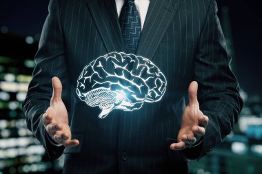 insan beyninin çizim ve insan eli çift maruz kalma. Beyin fırtınası konsepti.