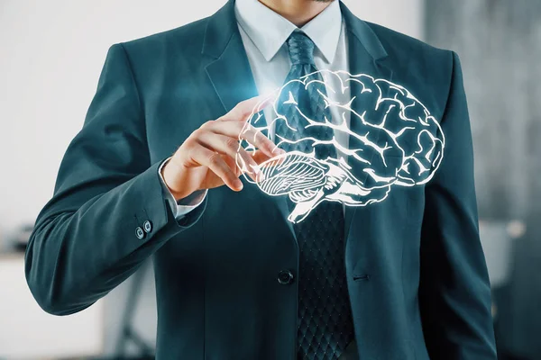 Double exposure of human brain sketch and man hand. Brainstorming concept. — Stock Photo, Image